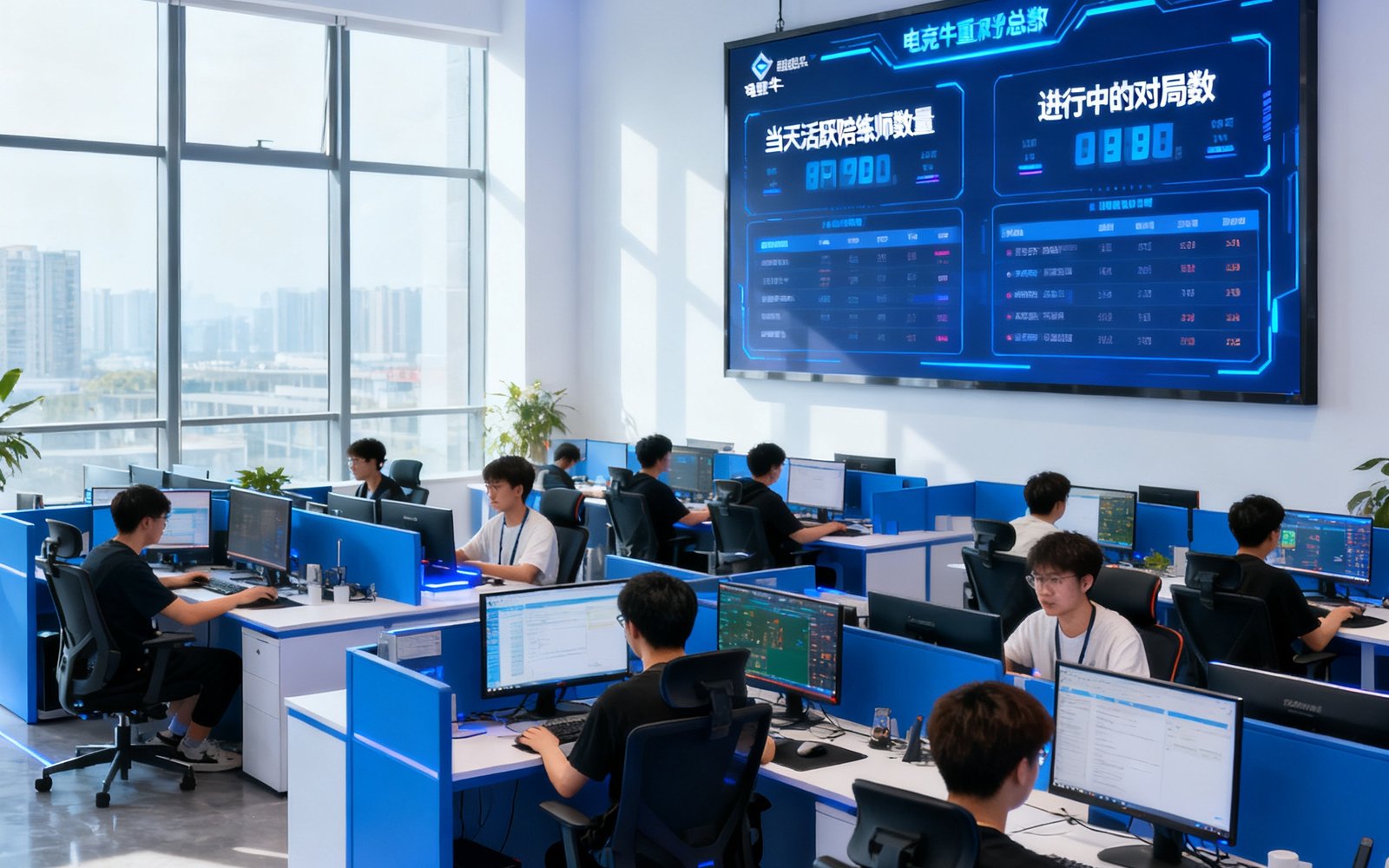 电竞牛重庆总部开放式办公区，数十位年轻员工坐在工位上通过电脑监控陪练服务质量和实时匹配数据，墙面悬挂的大型显示屏展示着当天活跃陪练师数量和进行中的对局数