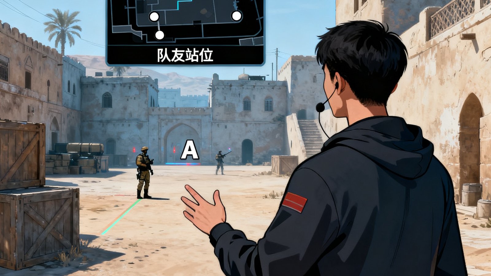 CS2荒漠迷城地图对局中，陪练师作为指挥正在布置A点进攻战术，小地图清晰标注了烟雾弹投掷点位和队友站位