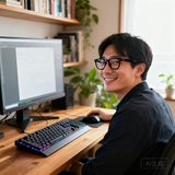 一位约30岁的男性上班族在书房中面对电脑微笑，戴着黑框眼镜，桌面整洁放有机械键盘和鼠标